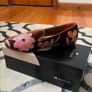 Birdies Brown Velvet Loafers with Pink and Orange Embroidery